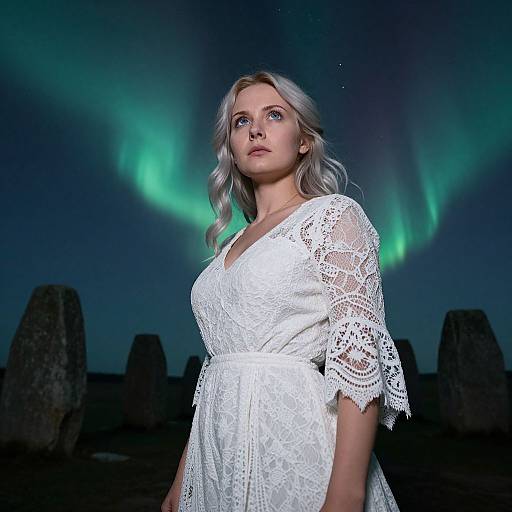 Photograph of a blonde woman with blue eyes, wearing a white lace dress, standing against a dark night sky with green auroras, with ancient stone