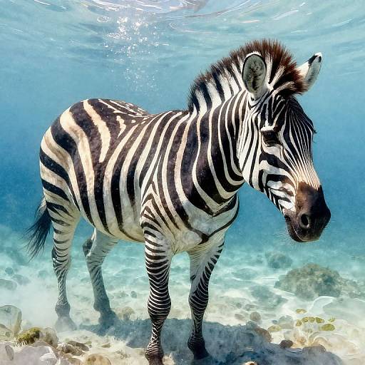 Photograph of a zebra standing underwater with clear blue water, light filtering through, and rocky bottom, highlighting its black-and-white stripes.