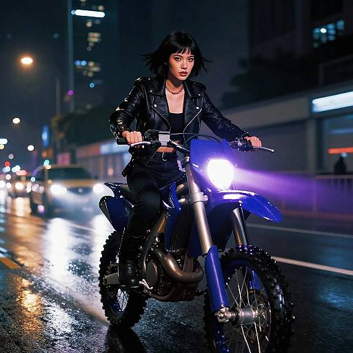 Cyberpunk Woman Riding Dirt Bike at Night