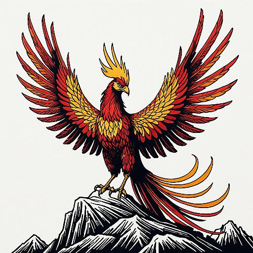 Illustration of a Vibrant Phoenix on Mountain Peak