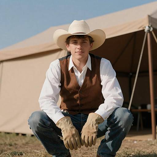 Young Cowboy in Front of Tent