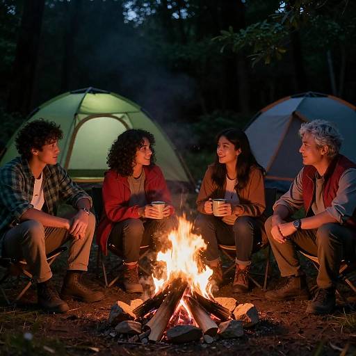 Friends Camping Around Campfire at Night