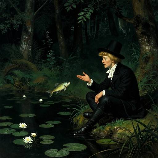 A 19th-century-style painting depicts a blond man in a black suit and hat, sitting by a dark forest pond, pointing at a fish near