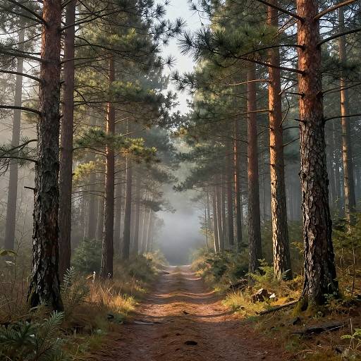 Photograph of a misty forest path with tall pine trees, sunlight filtering through, casting shadows on the reddish-brown dirt trail.