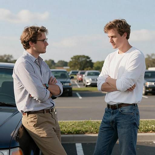 Men Conversing in a Parking Lot
