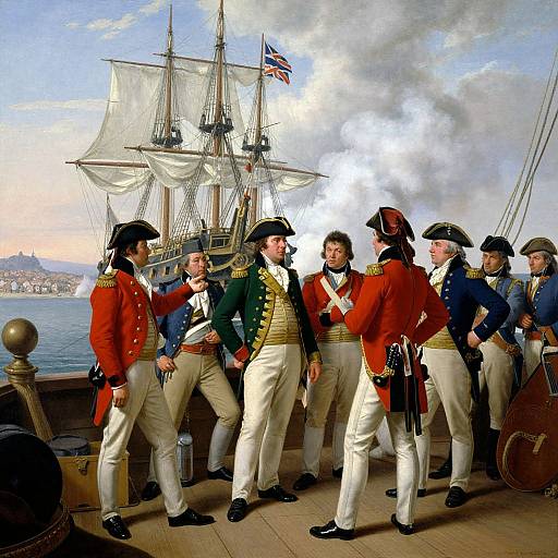 Historical painting of seven British sailors in 18th-century uniforms, discussing on a ship's deck with a burning warship in the background. Union