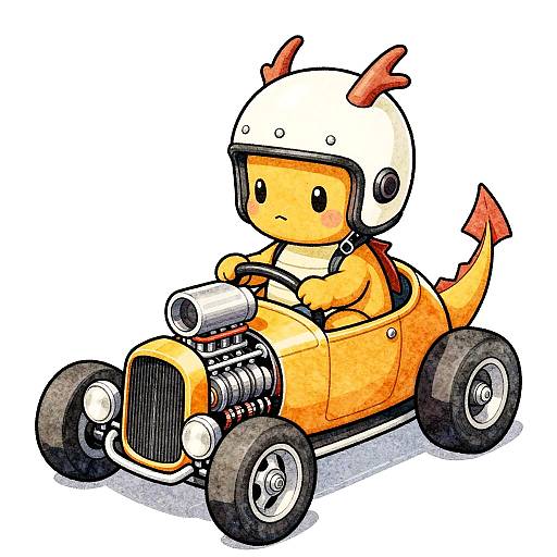 Cute Dragon Driving Turbocharged Hotrod