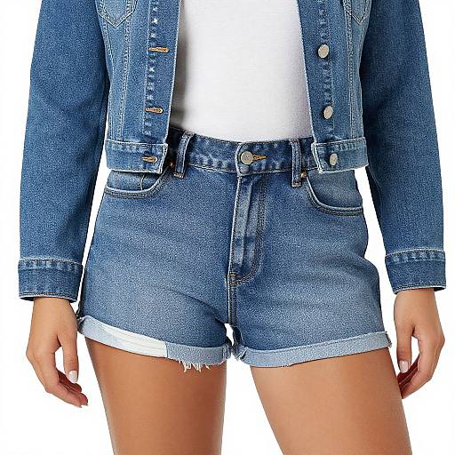 Photograph of a person wearing a blue denim jacket with silver buttons over a white t-shirt and high-waisted, frayed denim shorts.