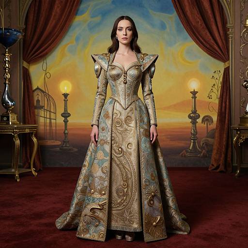 Photograph of a dark-haired woman in an ornate, gold-embroidered, long-sleeve Renaissance gown, standing in a luxurious room