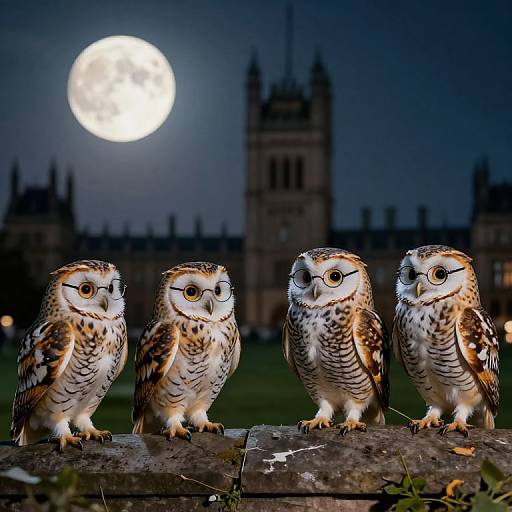 Photograph of four small, brown-and-white owls with round eyes, standing on a wooden fence at night, moonlit Gothic building in background.