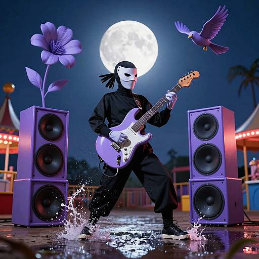 Photograph-style digital artwork of a masked musician in black clothes, playing electric guitar in front of speakers, moon, flower sculpture, and flying bird at