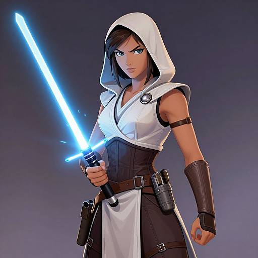 CGI illustration of a determined woman with dark hair, blue lightsaber, white hooded top, black arm bracers, and utility belt, standing