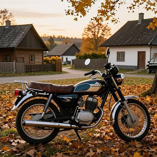Vintage motorcycle parked on autumn leaves in front of rustic wooden and white houses at sunset, with orange leaves and a serene countryside background. Photograph.