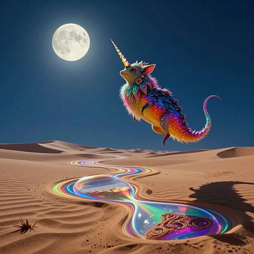 Digital art: Vibrant, multicolored unicorn-like creature with a horn and spiky mane leaps over a desert with a glowing rainbow trail under a