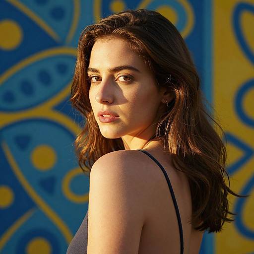 Photograph of a beautiful, dark-haired woman with wavy hair, wearing a black spaghetti strap top, standing against a vibrant blue and yellow patterned