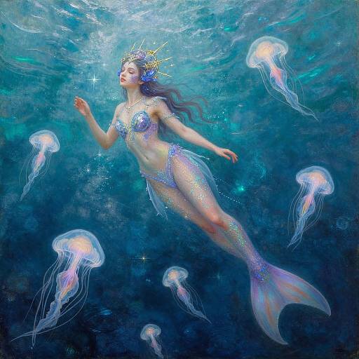 Digital fantasy artwork of a glowing mermaid with long blue hair, wearing a shimmering top and tail, surrounded by translucent jellyfish in a vibrant blue
