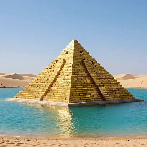 Photorealistic CGI of a golden pyramid with a triangular base, surrounded by turquoise water and sandy dunes under a clear blue sky.