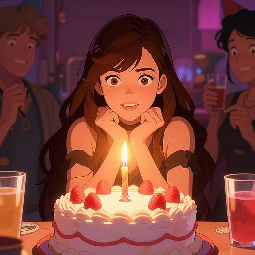 Digital anime-style drawing of a smiling girl with long brown hair, hands under chin, holding a candlelit strawberry cake with two friends in a dimly