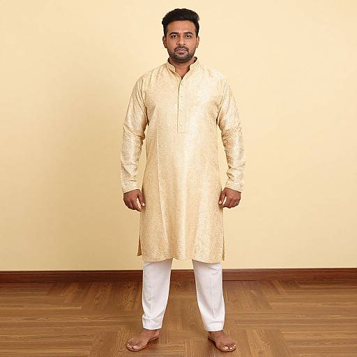 Photograph of a bearded South Asian man with short black hair, wearing a cream traditional kurta and white pants, standing on wooden floor against a