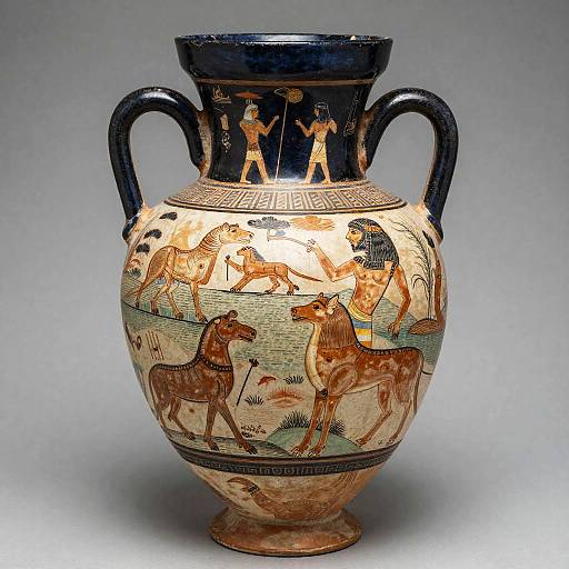 Ancient Greek amphora with black handles, decorated with detailed, brown and gold relief scenes of chariots, horses, and figures. Photographic