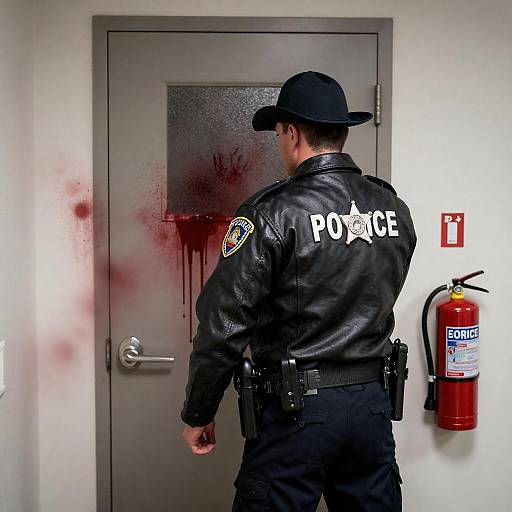 Police Officer Investigating Blood-Splattered Door