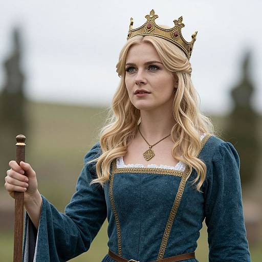 Photograph of a blonde woman with wavy hair, wearing a gold crown, blue medieval dress with gold trim, holding a staff, and a pendant