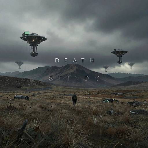 Digital artwork of a moody, cloudy landscape with three floating, dark, disc-shaped structures above a desolate grassy plain and distant mountains. A