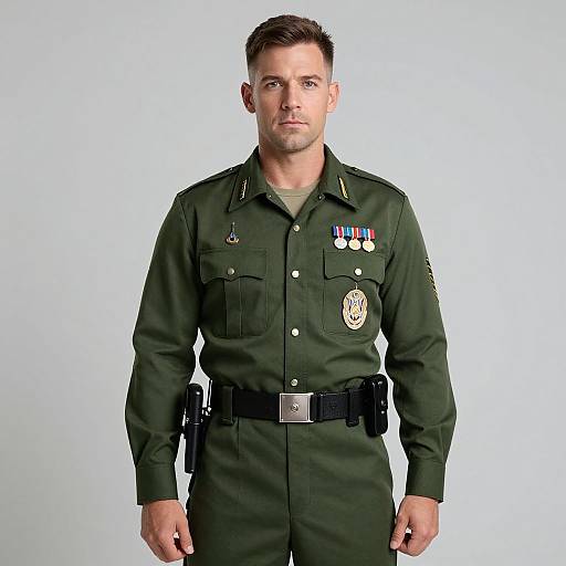 Photograph of a muscular, Caucasian male firefighter with short brown hair, wearing a dark green uniform with medals, patches, and a black belt, standing