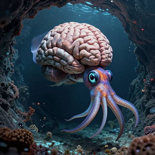 Digital artwork of a surreal octopus with a human brain, large blue eyes, and tentacles, swimming in a dark, underwater cave surrounded by vibrant