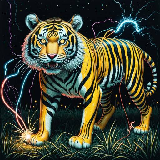Lowbrow Art Tiger with Neon Stripes and Electric Sparks