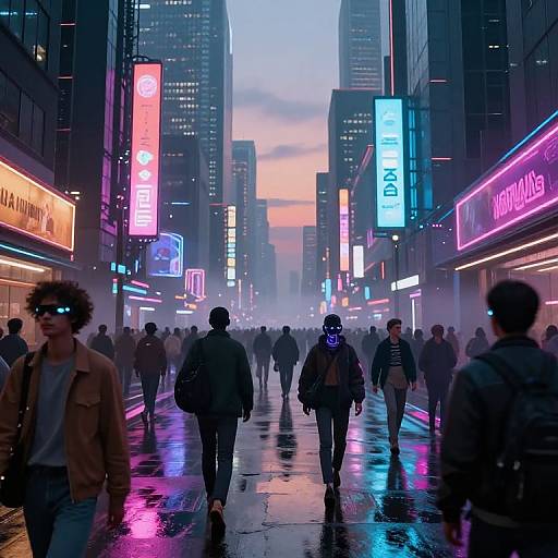 Neon-lit urban street scene at dusk with rain-soaked pavement, diverse crowd, colorful neon signs, and towering skyscrapers. Digital illustration
