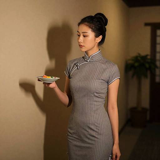 Elegant Asian Woman in Dim Hallway