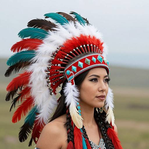 Photograph of a Native American woman with medium skin tone, wearing a vibrant red and white feathered headdress, turquoise beadwork, and braided