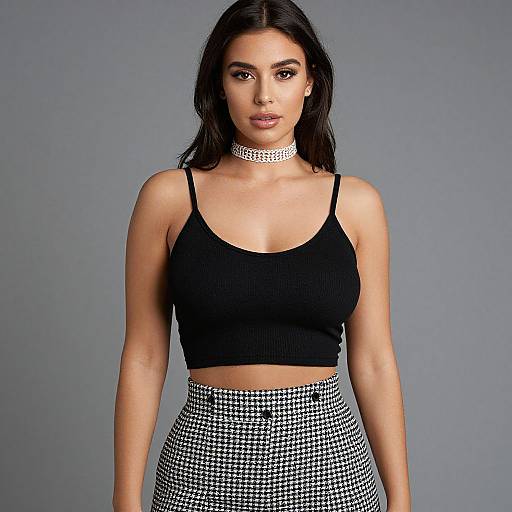 Photograph of a woman with dark hair, wearing a black crop top, white and black houndstooth high-waisted skirt, and white