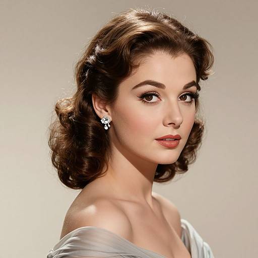 Photograph of a fair-skinned woman with vintage-style, wavy brown hair, wearing white off-shoulder top and star-shaped earrings, against