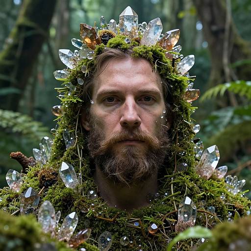 Photograph of a bearded man with a crown of moss and crystal-like shards, set against a lush, green forest background.