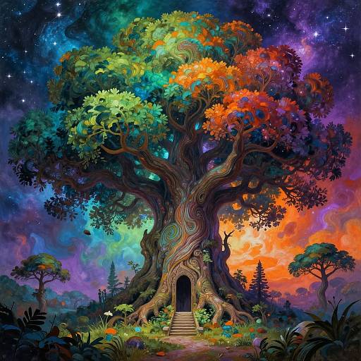 Vibrant digital artwork of a giant, multicolored tree with swirling trunk, arched doorway, and starry, cosmic background. Bright,