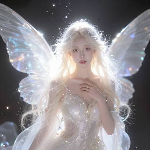 Photograph of a glowing, ethereal blonde fairy with translucent wings, illuminated by a radiant light, against a dark background.