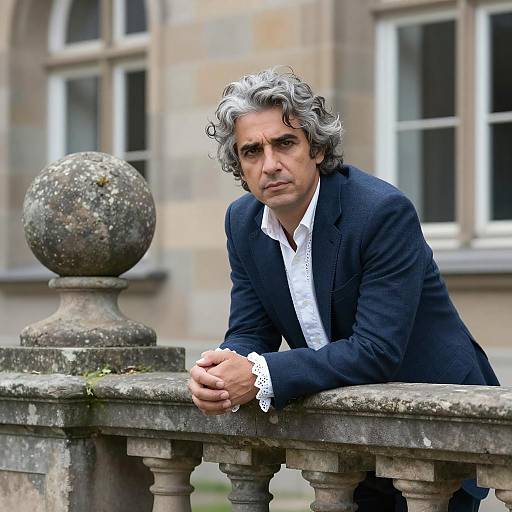 Thoughtful Man by Aged Stone Balustrade