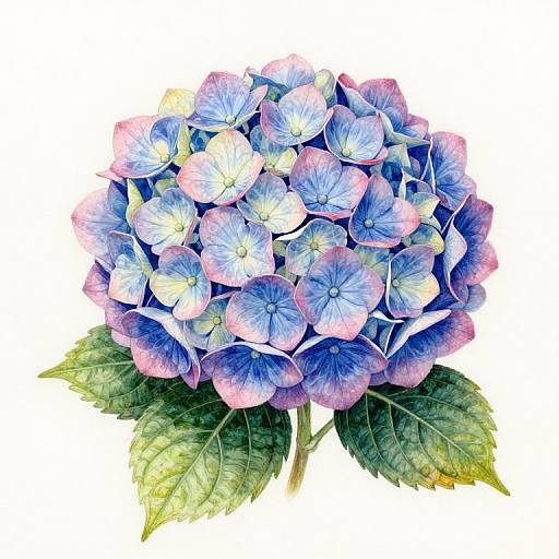 Watercolor painting of a vibrant blue and pink hydrangea cluster with detailed green leaves, set against a white background.