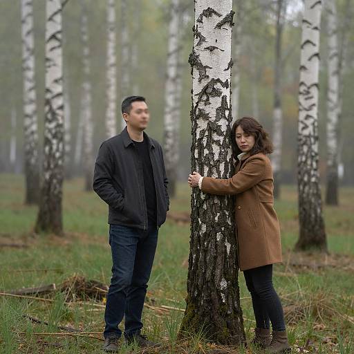 Couple in Birch Forest with Woman Hugging Tree