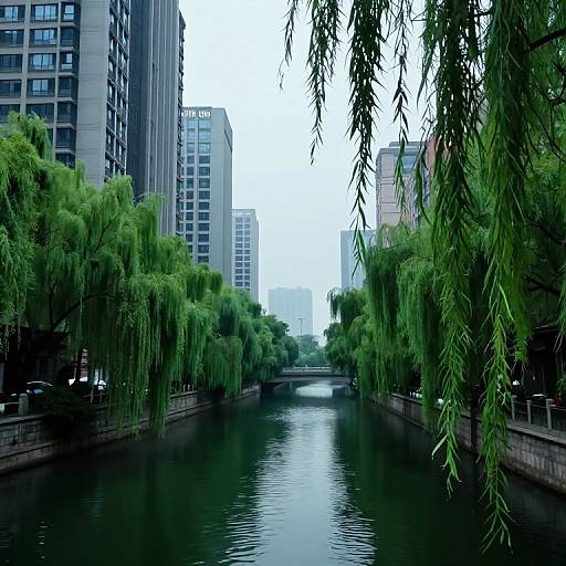 Photograph of a serene urban canal flanked by tall buildings and lush green willow trees, with calm water reflecting the overcast sky.