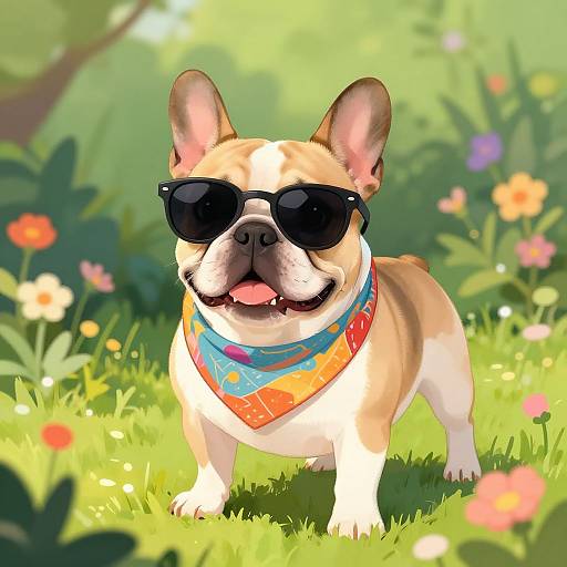 Digital artwork of a tan French Bulldog with black sunglasses and a colorful bandana, standing in a sunny, vibrant garden with colorful flowers.