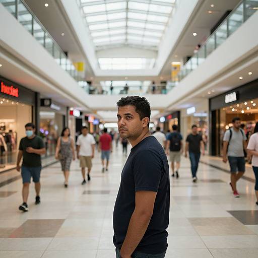 Contemplative Man in Bustling Mall