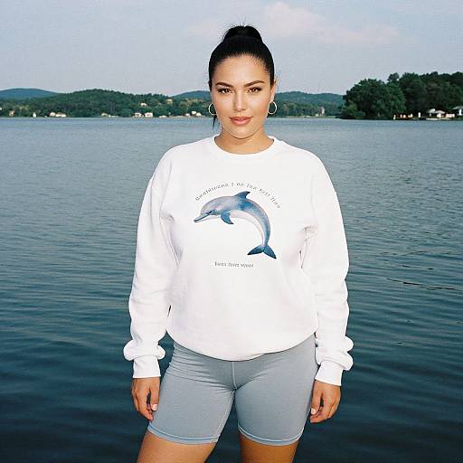 Photograph of a confident Asian woman with dark hair in a bun, wearing a white 