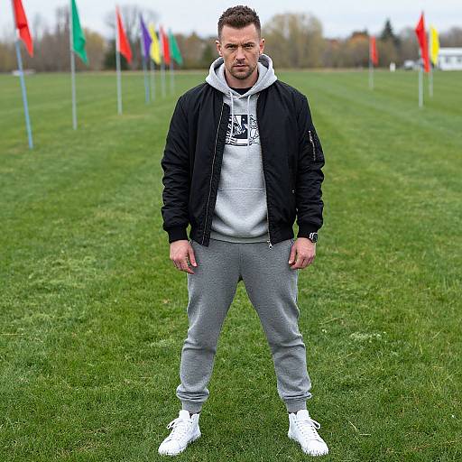 Photograph of a muscular, bearded man in a black jacket, gray hoodie, and sweatpants standing on a grassy field with colorful flags in