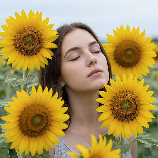Serene Woman Among Vibrant Sunflowers