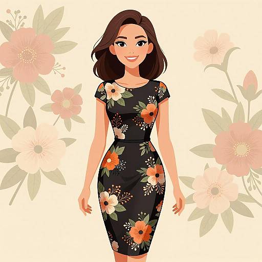 Digital illustration of a smiling woman with brown hair in a black floral dress, standing against a background of pink and beige flowers.