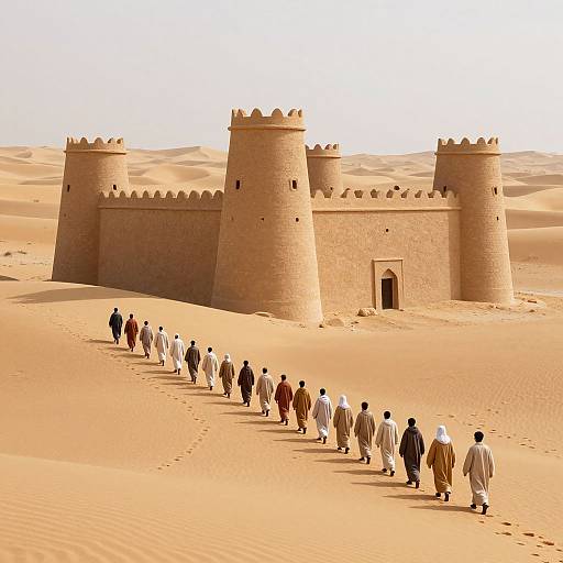 Photograph of a group of people in traditional white and brown robes walking towards a sandy desert fortress with four round towers.