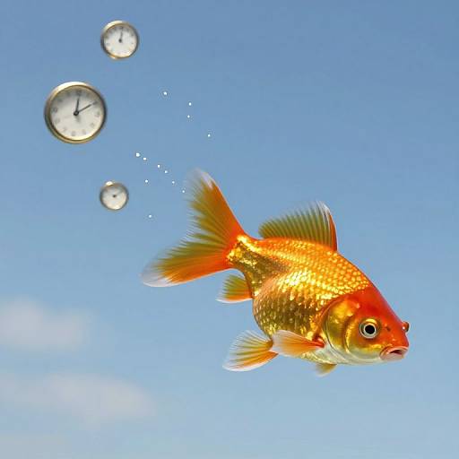 Surreal Golden Fish with Time Clocks